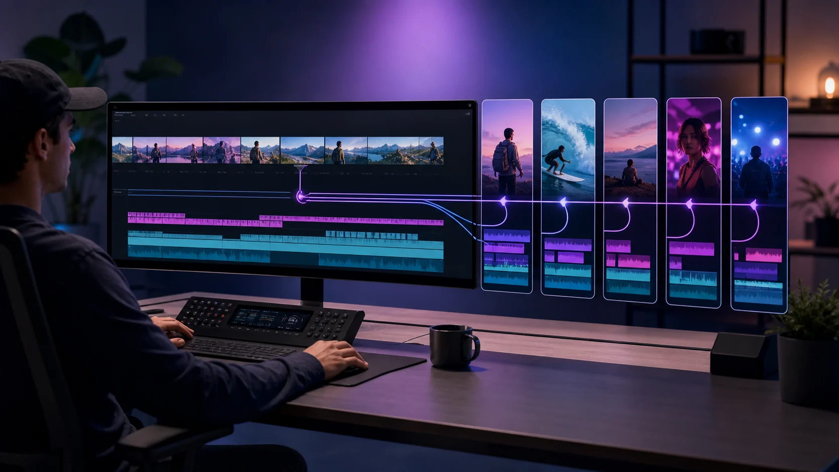 Interface de montage video qui convertit une longue timeline en clips verticaux grace a l'IA