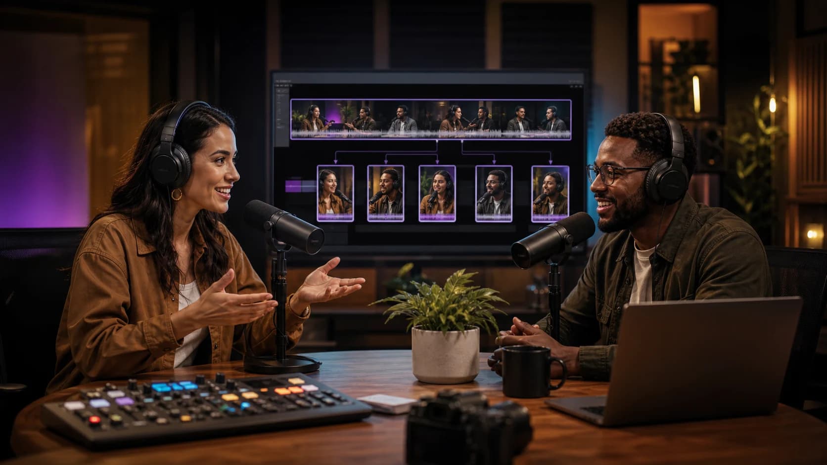 Studio podcast avec une interface de montage qui transforme une video longue en plusieurs clips courts