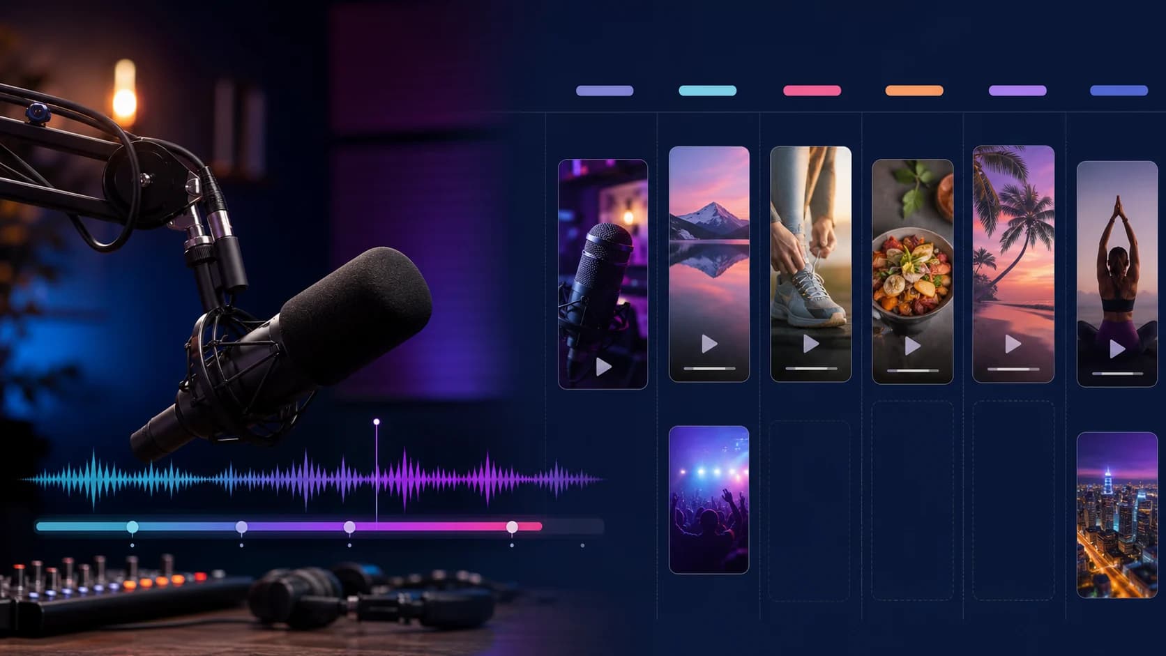 Micro de podcast connecte a un calendrier editorial et a plusieurs clips verticaux