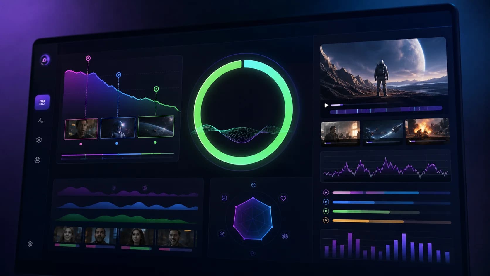 Dashboard ViralScore avec courbes de retention, score circulaire et indicateurs de potentiel